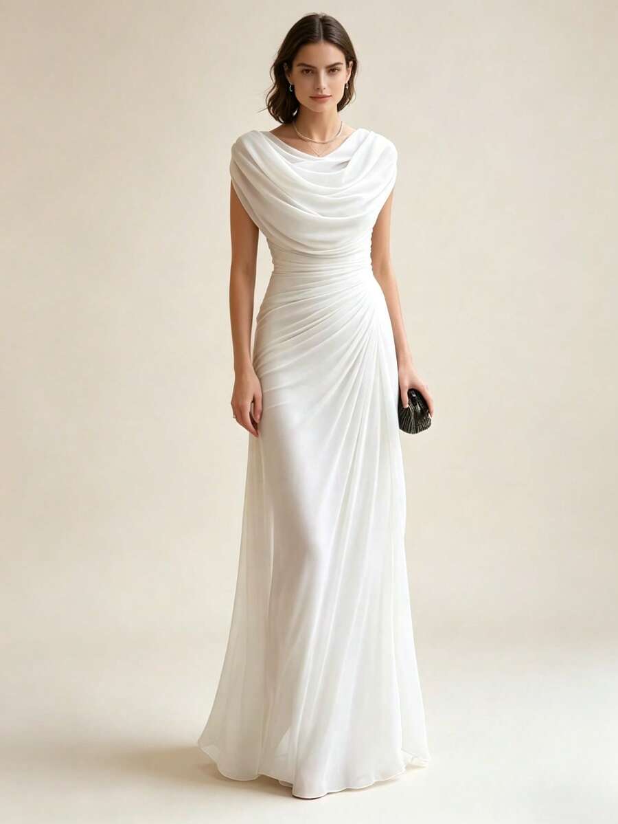 Vestido de fiesta elegante con pliegues y escote drapeado novedad 2026, diseño versátil para look informal y eventos - Blanco - Ver 1