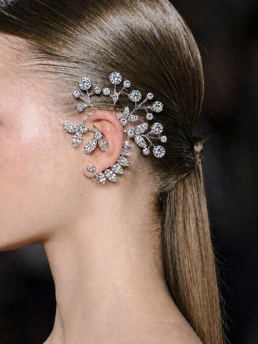 outingfit 1pc New Leaf Ear Hook Non-Pierced Exaggerated Rhinestone Earring Stage Runway Accessory - Silver - View 1