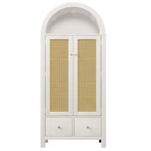 Wardrobe 181x78x45 Cm With Rattan Weave, Country Style In Oak Finish, Open Semi-Circular Shelf, 2 Doors With Magnetic Closure, 2 Drawers, Clothes Rail And Tip-Over Protection - 白色 - 查看 10