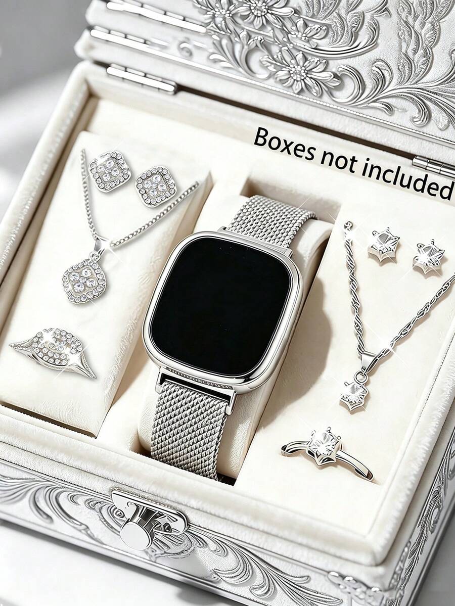 Casual Fashion Square LED Electronic Watch And Necklace Ring Earring Set, Holiday Gift, Daily Versatile, Back To School Season - Silver - View 1