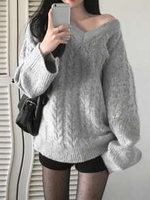 Women's V-Neck Long Sleeve Loose Cable Knit Casual Sweater - Light Grey - View 7