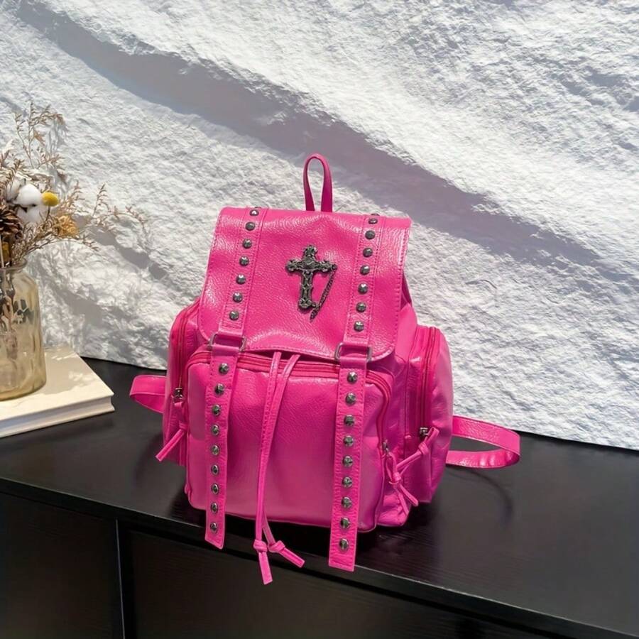 Pu Large Capacity Drawstring Rivet Single Shoulder Daily Casual Backpack - Rose Red - View 1