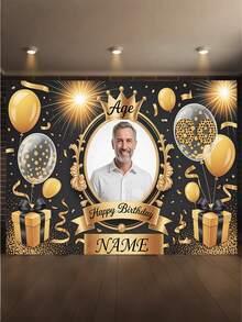 1pc - Customized Happy Birthday Backdrop, Customized Black & Gold Theme Printed Poster - Personalized Birthday Party Customized Photo And Name Poster - Suitable For Party Decorations, Birthday Gifts, Gallery Decor And Photo Props, Party Decorations, Unique Personalized Background Photography And Display, Party Decorations, Multi-Functional, Durable, Decorative, Summer Holiday - Multicolor - View 2