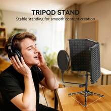 Studio Microphone Shield With And Tripod Stand, Foldable Adjustable Recording Studio Equipment, 3-Panel High Density Absorbent Foam Shield With 3/8 Threaded Mount, Black On-Site - 1 - View 6