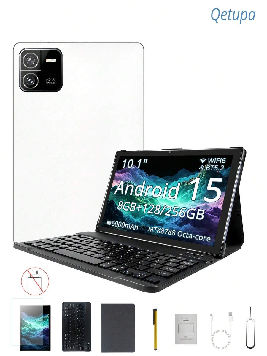 Qetupa 10.1-Inch Android 15 Tablet With Protective Case, HD Screen Protector, Keyboard, And Stylus, 8GB RAM + 128GB/256GB ROM, MTK8788 Octa-Core Processor, 1280x800 Touchscreen, 5MP Front Camera And 13MP Rear Camera, 6000mAh Battery (Adapter Not Included) - White - View 1