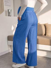 Maternity Blue Wide Leg Pants, Loose Fit, High Waist With Belly Support And Drawstring Waist, Casual Daily Wear And Home Loungewear - Blue - View 2