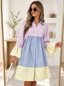 Women's Striped Shirt Dress, Colorblock Lace Patchwork, Ruffle Long Sleeve Front Button Design, Elegant Sweet Style, Suitable For Daily Wear, Vacation And All Seasons - Multicolor - View 1