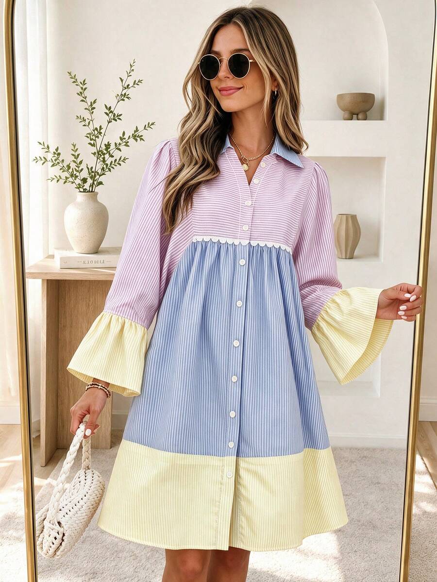 Women's Striped Shirt Dress, Colorblock Lace Patchwork, Ruffle Long Sleeve Front Button Design, Elegant Sweet Style, Suitable For Daily Wear, Vacation And All Seasons - Multicolor - View 1