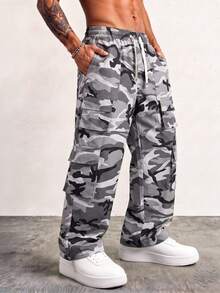 1pc Men's Casual Sports Cargo Pants, Loose Straight Fit, Wrinkled Texture, Suitable For Home And Outdoor Activities, Also Can Be A Gift For Couples. Made Of 100% Polyester Fiber, Equipped With Drawstring Waistband For Easy Adjustment - Light Grey - View 6