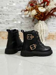 Girls' Black Motorcycle Style Ankle Boots, Metal Double Buckle Lace-Up Side Zipper Leather Boots, Thick Sole Anti-Slip Wear-Resistant Children's Autumn/Winter Work Boots - Black - View 4