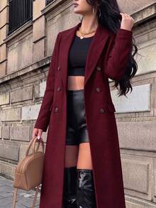 Women's Overcoat Solid Color Long Sleeve Double-Breasted Jacket - Red - View 2