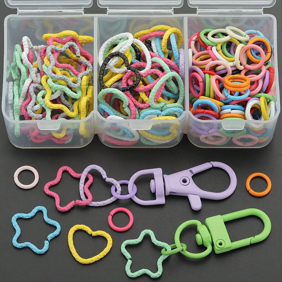 100/200pcs/Box Key Ring Set, Includes Heart-Shaped Embossed And Five-Point Star Embossed Closed Rings, Suitable For Braided Painted Embossed Ring Keychains