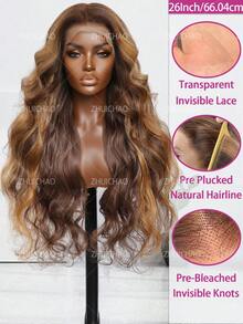ZHUICHAO 200% Density 28In Body Wave Brazilian Human Blend Synthetic Wig 13x4 HD Transparent Lace Frontal Wigs Brown Mix Honey Blonde Highlight Natural Hairline Pre Plucked With Baby Hair For Women To Wear On Daily Or Parties Wig, Halloween - SP4/27 - View 6
