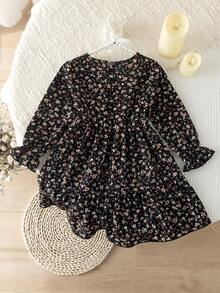 BASUSARRI Young Girls Floral Country Style Sweet Simple Cute Long Sleeve Dress Autumn/Winter - Black - View 5