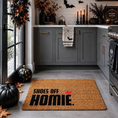 1pc Funny "Shoes Off Homie" Door Mat, Black Letter And Red Heart Print Coir Welcome Mat For Front Door, Porch, Entryway, Apartment And Farmhouse Home, Halloween Seasonal Party Decor
