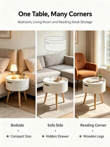 Lightweight Compact White Round Storage Nightstand, Flip Top Hidden Storage Bedside End Table With Stable Natural Wood Tripod Legs, Space Saving Small Accent Table For Guest Room Dorm Narrow Bedroom Daily Storage Use - White - View 7