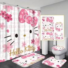 SANRIO 4pcs Hello Kitty Shower Curtain Set With Rug, Cute Cat Bathroom Shower Curtain Set With Rug, Toilet Lid Cover And Bath Mat, Modern Bathroom Decor With Bath Mat And 12 Plastic Hooks - 4-piece Shower Curtain Set - View 15