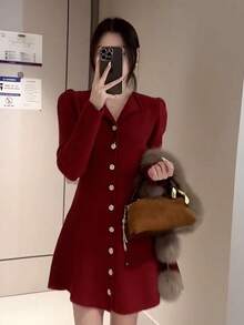 Y6Y 2026 New High-End Elegant Style Women's Early Autumn Short Red Knit Dress - Red - View 4