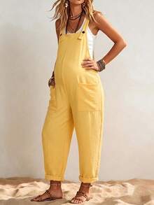 Yellow Women's Maternity Jumpsuits - Non-Stretchy Sleeveless Pocketed Overalls For Daily Casual - Yellow - View 4