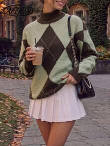 Women's Fall Y2K Argyle Knit Sweater, Half Turtleneck Long Sleeve Loose Preppy Pullover For Daily Campus Streetwear - Multicolor - View 7