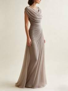 Vestido de fiesta elegante con pliegues y escote drapeado novedad 2026, diseño versátil para look informal y eventos - Caqui - Ver 2
