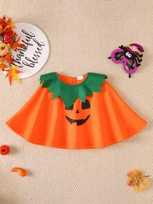Boys & Girls Halloween Pumpkin Shaped Cape, Cute Smiling Face Print Cloak - Burnt Orange - View 2