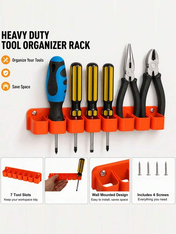 7-Hole Wall-Mounted Tool Organizer Rack, Space-Saving Storage For Pliers, Screwdrivers, Wrenches And Hammers, Suitable For Screwdrivers, Pliers And Wrenches - Space-Saving Workshop Storage Rack