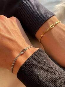 Women's Stainless Steel Silver & Gold Stackable Bracelets, Non-Fading | Stackable Bracelets, Couple Matching, Friendship Jewelry Gift - CY01 - View 3