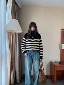 YCYC Solid Color Striped Design Contrast Color Half-Zip Long Sleeve Casual Versatile Sweater For Women - Black and White - View 4