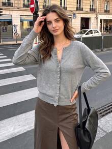 Autumn Women Gray Ruffle Knit Cardigan Round Neck Button Front Long Sleeve Casual Tops Elegant Vacation Going Out Outfits For Women - Grey - View 7