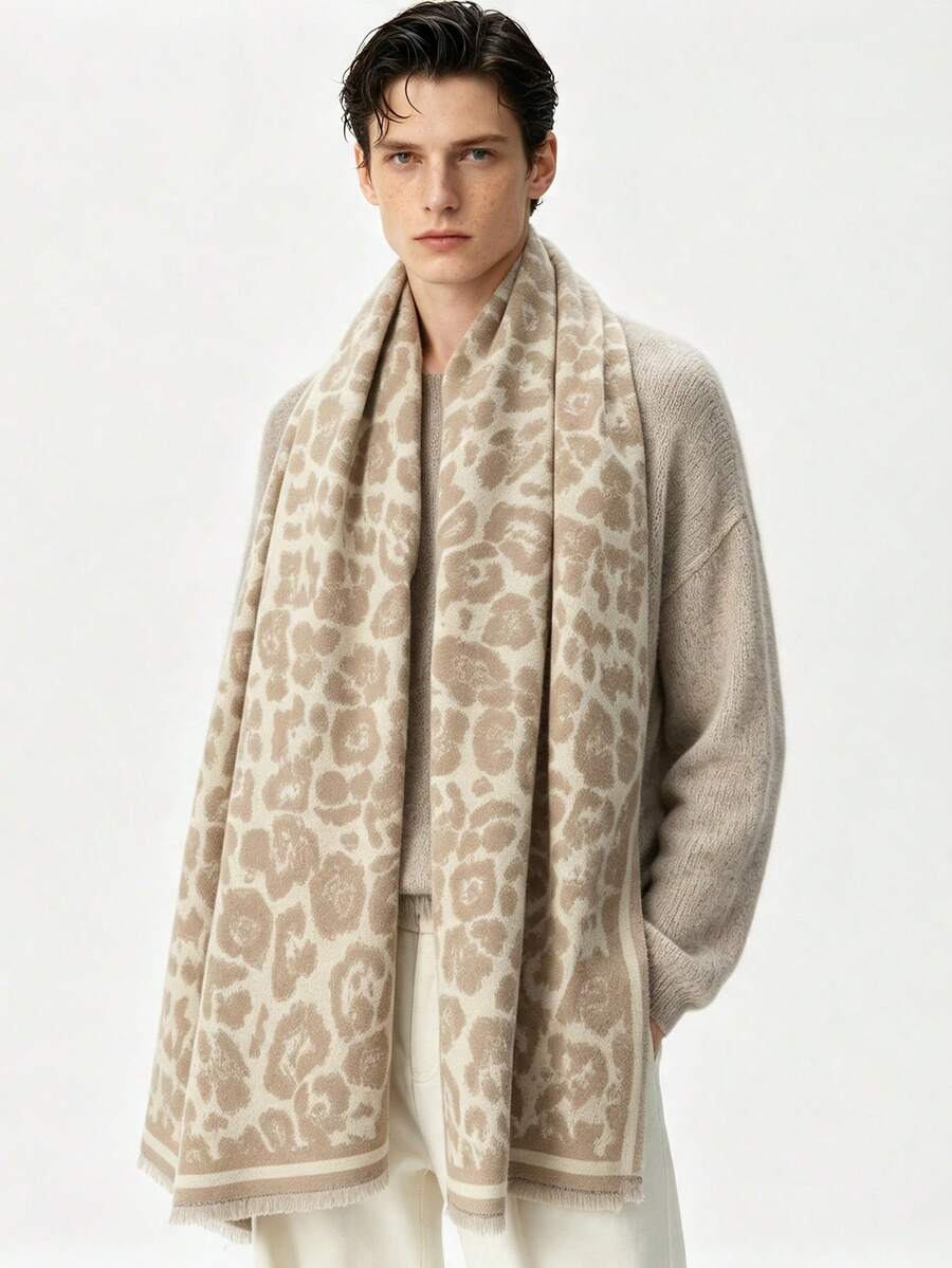Autumn/Winter Vintage Intellectual Leopard Print Jacquard Scarf For Men, Dandy Gentleman Shawl, Suit Coat Layering Accessory, Holiday Gift, Warm Thick Cold-Proof Scarf For Boys - Beige - View 1