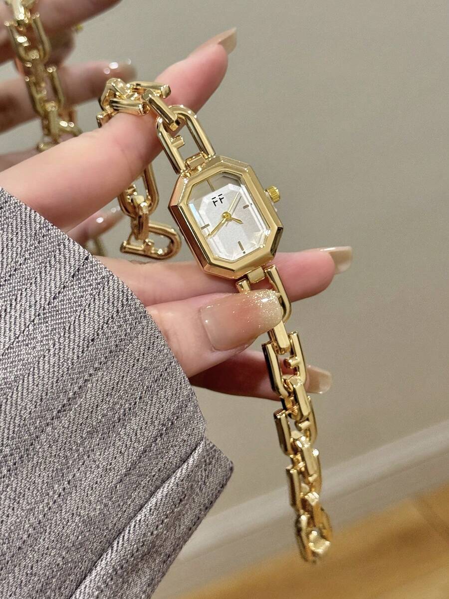 1件金色方形手鍊石英女錶,精緻小巧時尚,適合日常佩戴,生日/畢業禮物,休閒風格 - 金色 - 查看 1
