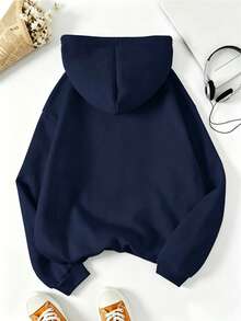 Women's Colorful Letter Leopard Print Heart Pattern Sweatshirt, Front Print Kangaroo Pocket, Loose Long Sleeve Drawstring Casual Autumn Style - Navy Blue - View 3