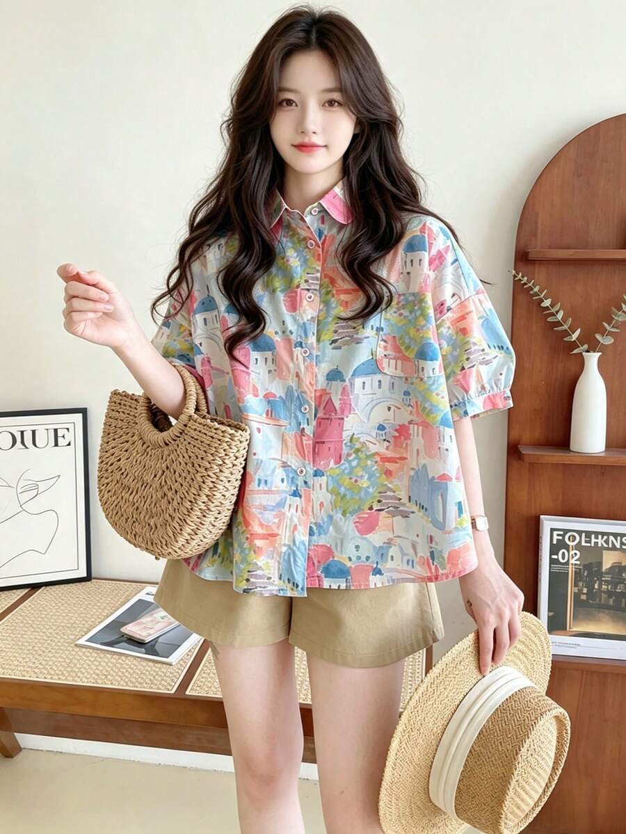 YUXIN Spring/Summer Bestselling Women's Colorful Castle Print Short Sleeve Shirt, Loose Fit With Collar, Breathable And Comfortable Red