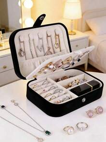 Portable Travel Jewelry Organizer Box, Suitable For Displaying Earrings, Necklaces, Pendants And Rings; Equipped With Double-Layer Ring Storage Area And Zippered Snap-Seal Compartment, Practical Storage Solution - Multicolor - View 8