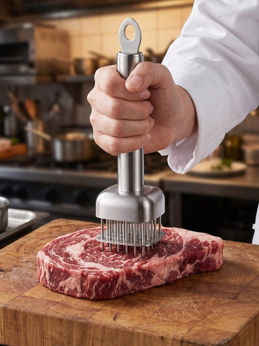 Thickened 304 Stainless Steel Automatic Spring-Back Meat Tenderizer. Meat Softener. Needle Matrix Cuts Meat Fibers Without Flattening Meat, Locks In Juices; Marinating Efficiency Increased 5 Times, Shortens Cooking Time And Prevents Meat Shrinkage Under Heat. Suitable For Tenderizing And Pre-Treating Beef Steak, Pork Chop, Chicken Breast And Other Meats - Multicolor - View 1