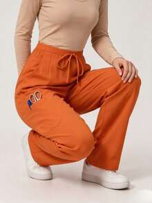 Women's Solid Color Pocket Straight Fit Scrubs Nurse Scrubs Workwear Dentist Healthcare Pet Hospital Laboratory Pants Fall - Orange - View 6