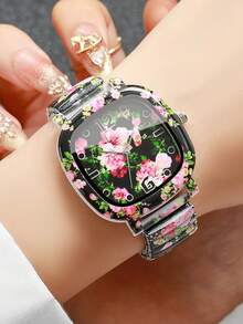 Women's Square Printed Quartz Watch, Elastic Stretch Band Printed Dial Design Wristwatch, Exquisite Gift For Girlfriend (1pc/Set) Watch Box Not Included - Black - View 2