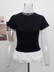 女款蕾絲拼接刺繡飾邊圓領短袖T恤，夏季百搭修身上衣 - 黑色 - 查看 6
