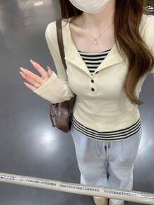 韓式修身對比色條紋拼接鈕扣設計女款內搭T恤上衣 - 杏色 - 查看 1
