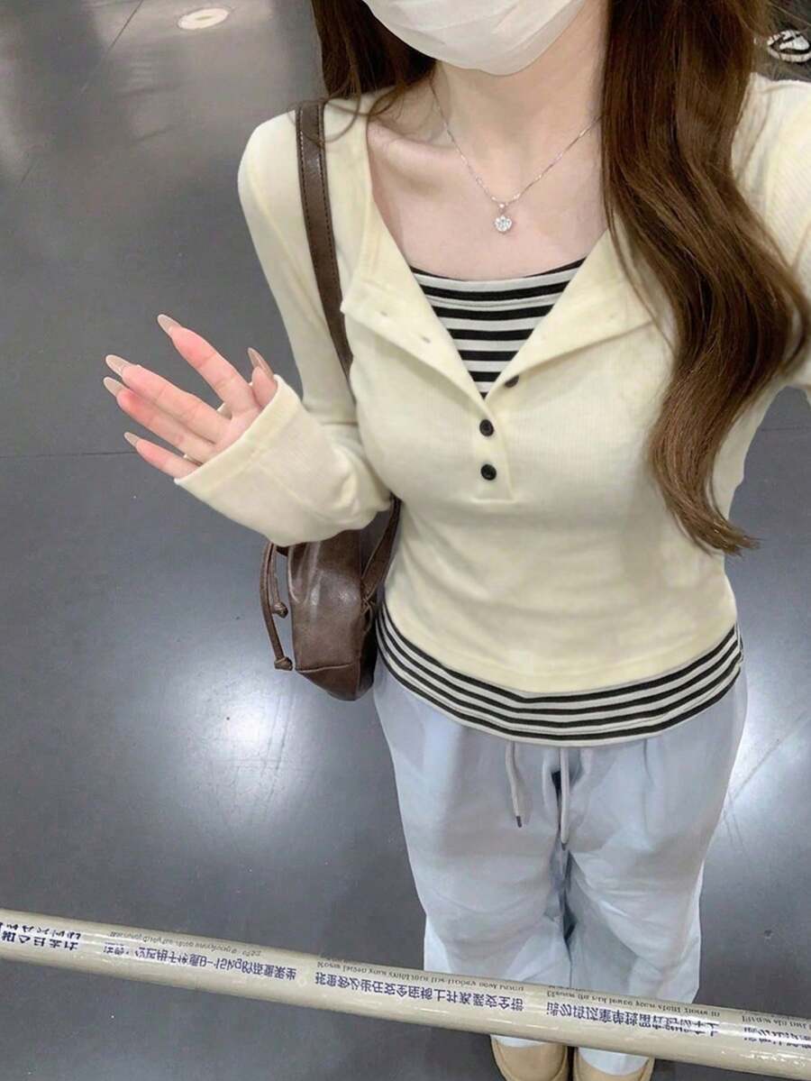 韓式修身對比色條紋拼接鈕扣設計女款內搭T恤上衣 - 杏色 - 查看 1