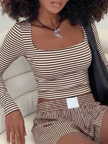GLAMSKIN Women's Striped Sexy Fitted Long Sleeve Knit Top, Solid Color Square Neck Basic T-Shirt, Suitable For Autumn Outings, Daily Casual Streetwear, Back To School - Brown and White Stripes - View 9
