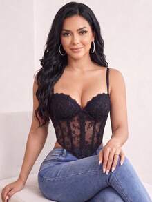 1pc Floral Lace Mesh Corset Style Spaghetti Strap Crop Top, Full Bust Support, Lace Corset, Suitable For Nightclub Outfits - Black - View 7