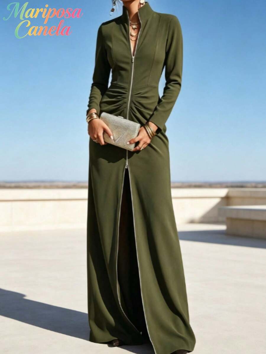 Cuello erguido, cremallera completa, mono plisado, manga larga, falda larga de temperamento de alta apertura - Verde militar - Ver 1