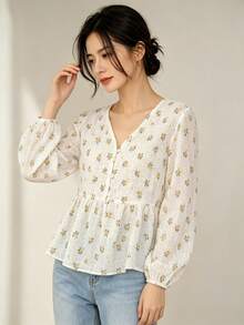 YUXIN 女士浪漫花卉印花V领灯笼袖上衣，面料柔软，多种颜色可选，宽松版型，适合夏季休闲/度假穿着 - 綠色 - 查看 3