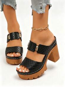 Sandalias de tacón alto para mujer de unicolor con cierre de gancho y bucle, ajuste ancho, ligeras y cómodas, tacón grueso, estilo casual para ir al trabajo, sandalias tipo slip-on minimalistas para verano y playa - Negro - Ver 2