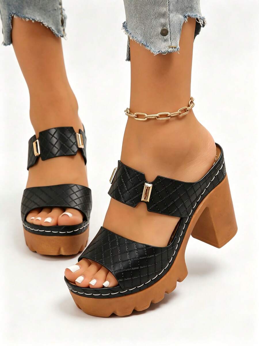 Sandalias de tacón alto para mujer de unicolor con cierre de gancho y bucle, ajuste ancho, ligeras y cómodas, tacón grueso, estilo casual para ir al trabajo, sandalias tipo slip-on minimalistas para verano y playa
