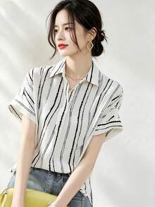 YUXIN 夏季高品质休闲条纹宽松短袖翻领女式衬衫 白色 - 白色 - 查看 2