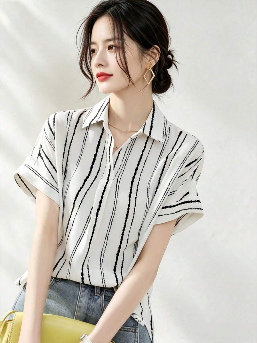 YUXIN 夏季高品质休闲条纹宽松短袖翻领女式衬衫 白色