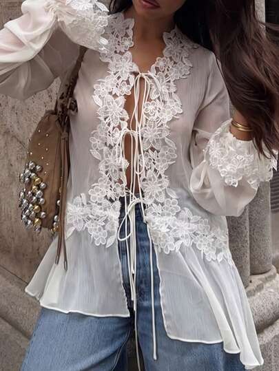 Women White Sheer Mesh Lace Patchwork Open Front Blouse, Long Flare Sleeve Tie Waist Bohemian Vintage Loose Cover Up Shirt